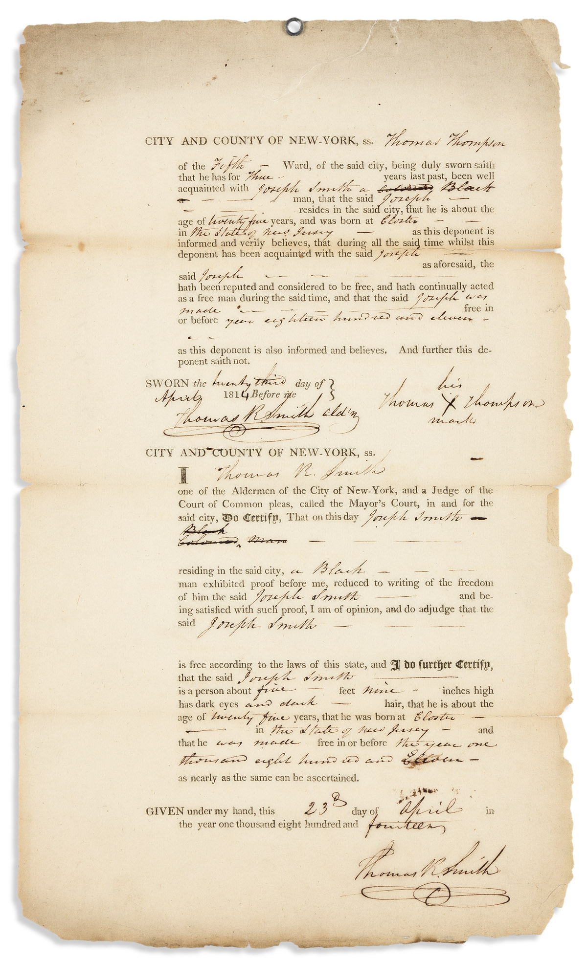 (SLAVERY & ABOLITION.) Certificate of freedom issued in New York.